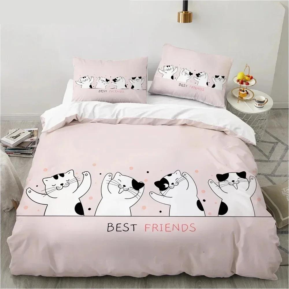 New 3D Print Cartoon Cat and Fish Comfortable Duvet Quilt Cover Pillowcase Bedding Set Children Bedroom Decoration Home Textile