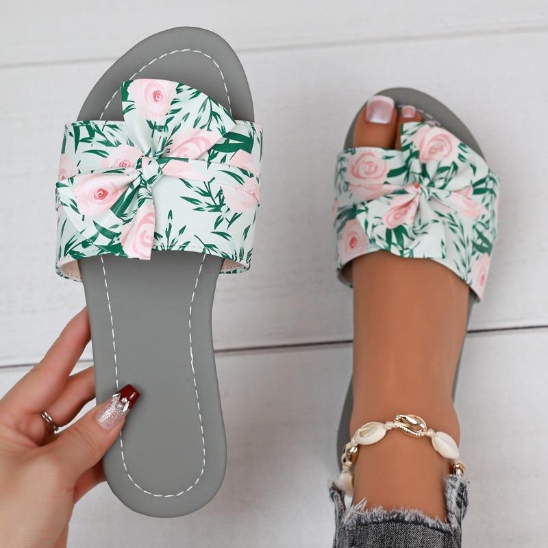 Fashion Butterfly-Knot Decoration Women Flat Slippers Fashion Print Woman Open Toe Slides Summer New Lightweight Slip On Women Shoes
