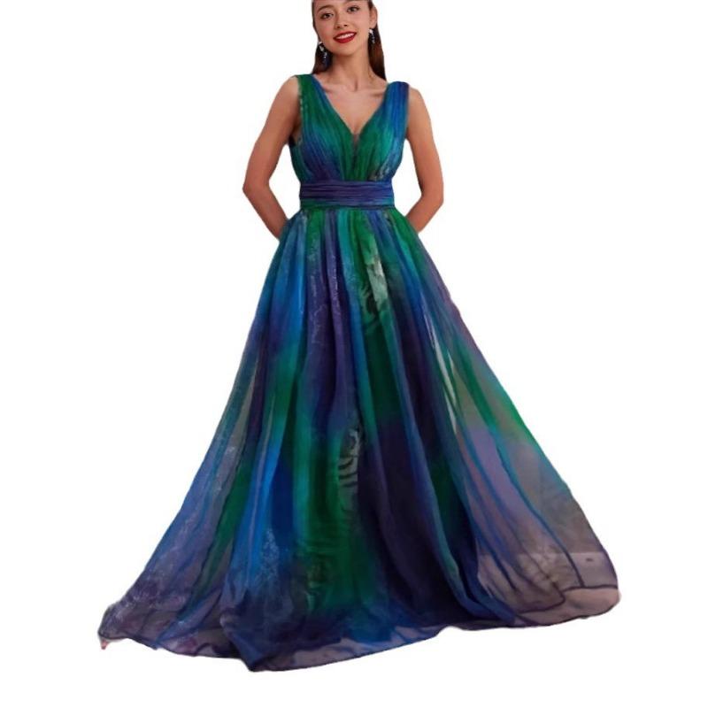 Женское летнее женское платье-халат с глубоким V-образным вырезом на спине и принтом из шифона