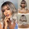 Grey Ombre Wigs with Bangs Synthetic Short Bob Wigs Light Brown Wavy Wig Glueless Loose Wave Heat Resistant