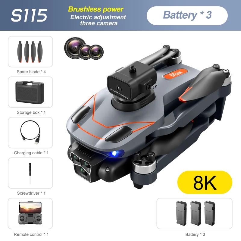 Новый S115 RC Дрон 8K Профессиональный трехкамерный широкоугольный позиционер для предотвращения препятствий Бесщеточный двигатель Складной квадрокоптер Подарочная игрушка