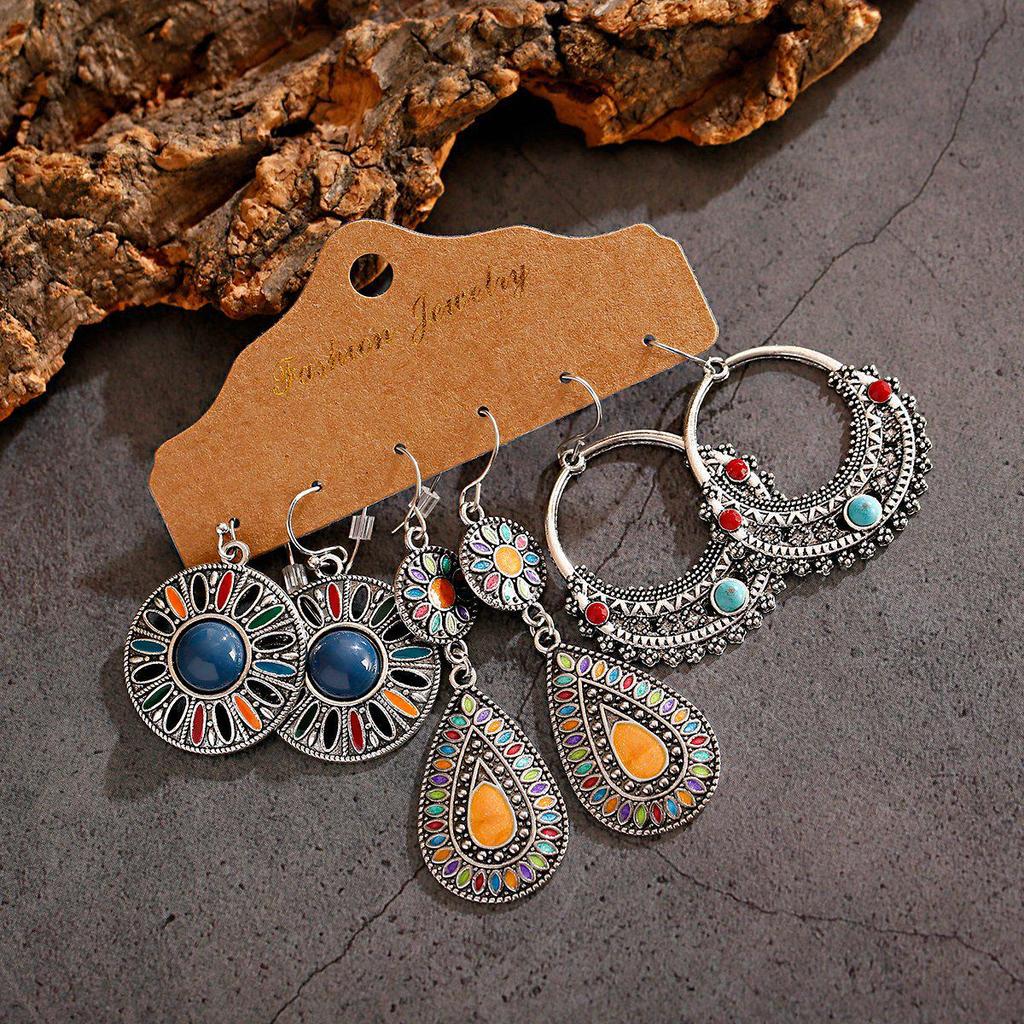 Bohemian Ethnic Retro Earring Set: 3-Piece Hanfu & Nepal Style for Women