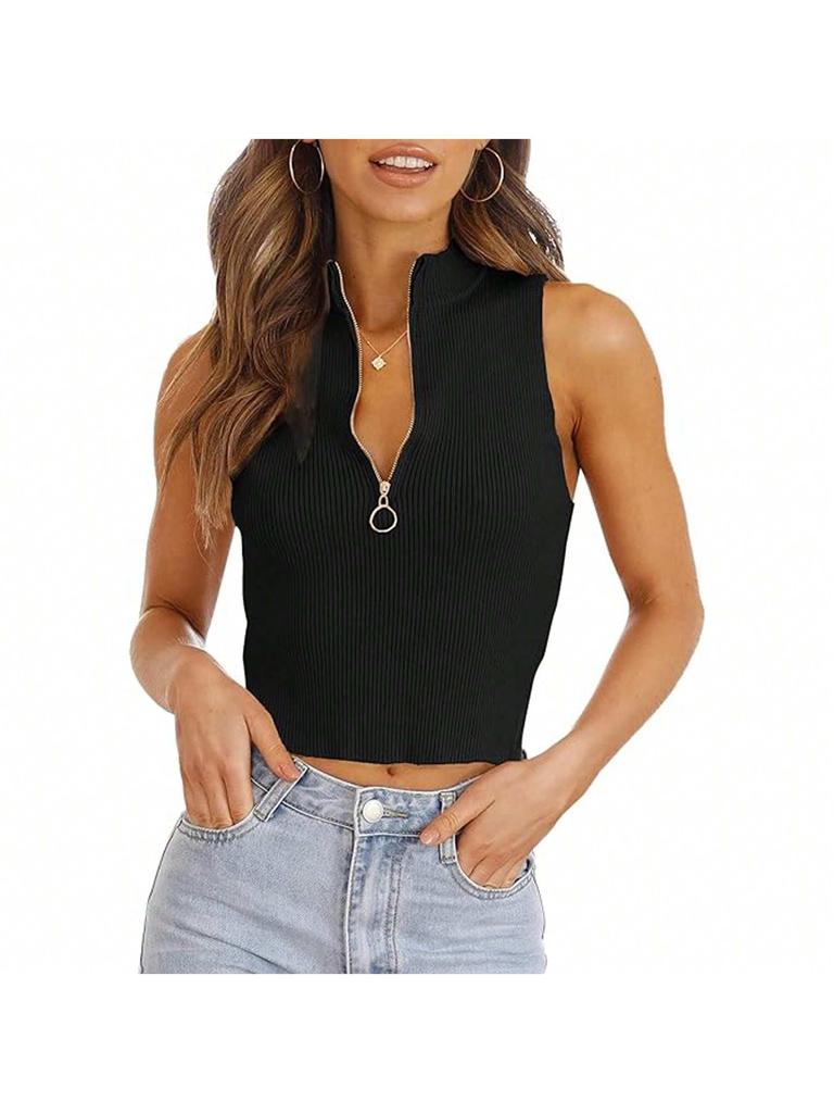 Women's Zipper Knit Crop Top Sleeveless Y2K Summer Going Out Sweater Tank