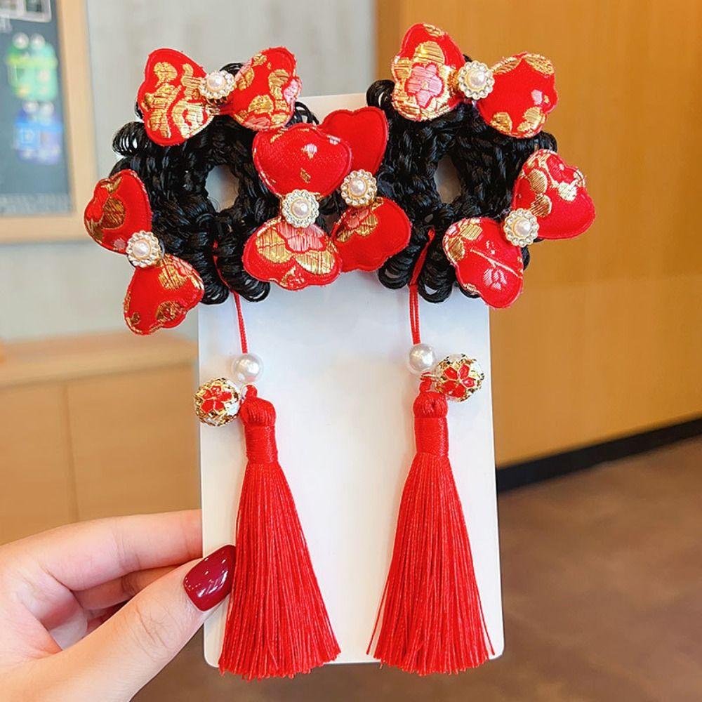 Flower Children Hanfu Hair Ring Red Ancient Style Scrunchines Bow Wig Braid Hair Rope  Baby