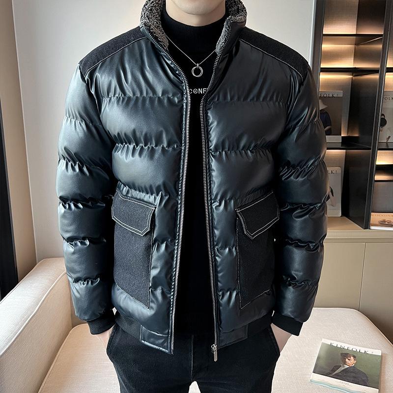 Мужское пальто с хлопковой подкладкой, зимнее, новое, корейский стиль, модная, молодежная, повседневная, утолщенная, большого размера, с воротником-стойкой, кожаная куртка с хлопковой подкладкой