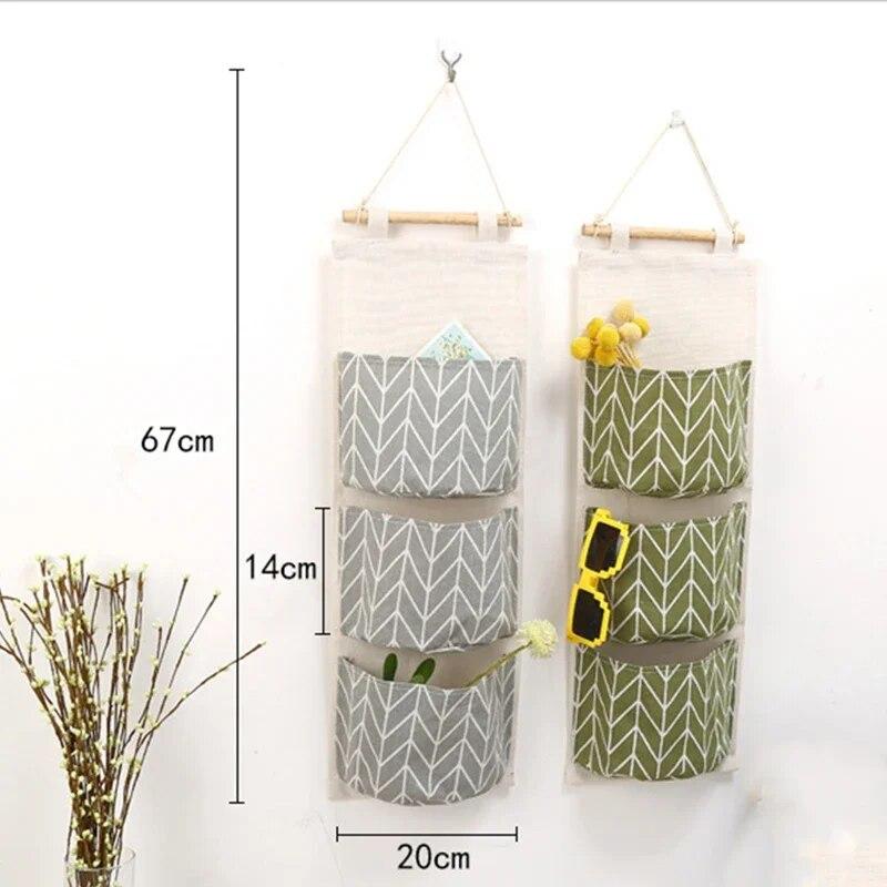 Cotton Linen Pattern Hanging Storage Bag 3 Pockets Wall Mounted Wardrobe Hang Bags Wall Pouch Cosmetic Toys Organizer 1PC Hot