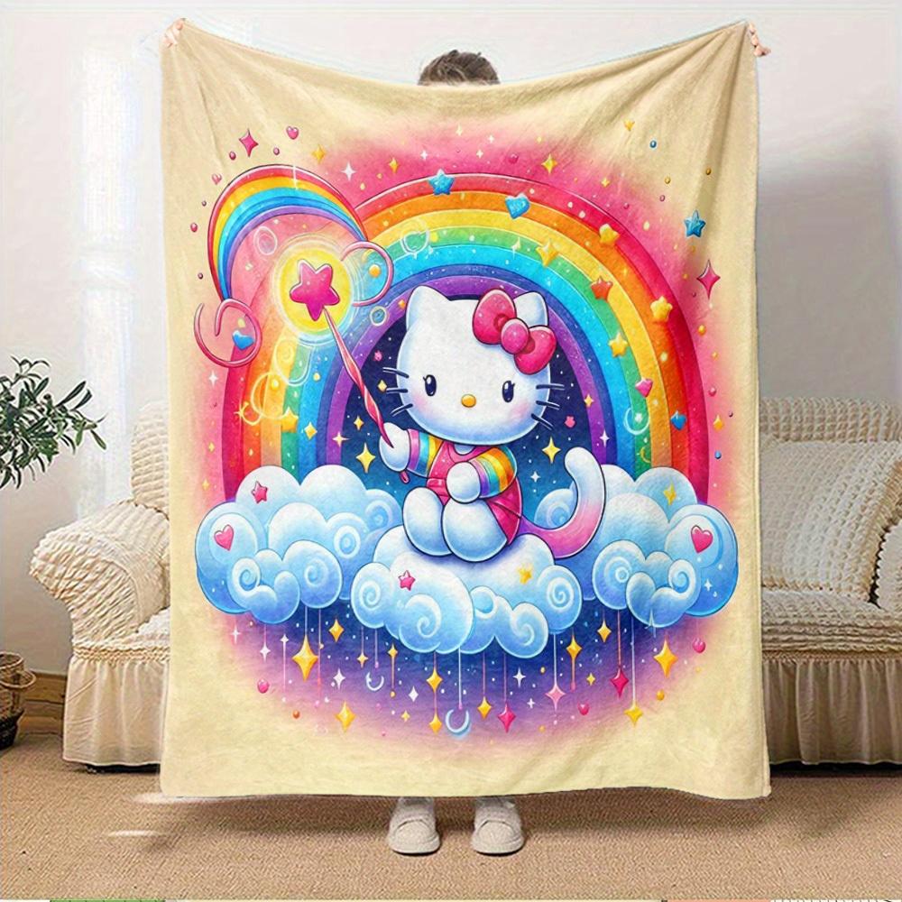 1pc Hello Kitty Rainbow Cloud Flannel Blanket - Seasonal Home Decor, Comfortable and Machine Washable, Perfect for All Ages, Perfect for Any