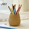 Pencil Organizer Faux Rattan Pen Holder, Woven Style Makeup Brush Boho Desk Desktop Organizer, Multi-functional Resin Cup for Home Office Storage
