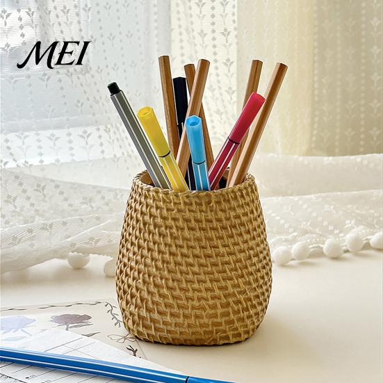 Pencil Organizer Faux Rattan Pen Holder, Woven Style Makeup Brush Boho Desk Desktop Organizer, Multi-functional Resin Cup for Home Office Storage