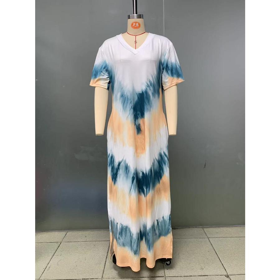 Casual Beach Maxi Tie Dye Printed Dresses Women's Spring Summer Short Sleeve V-neck Plus Size Long Dress
