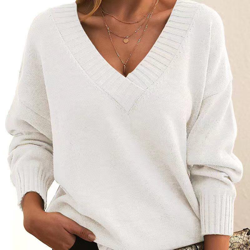 Women's Fashion Casual Solid Color Print Autumn Winter Long Sleeve V-Neck Loose Sweaters