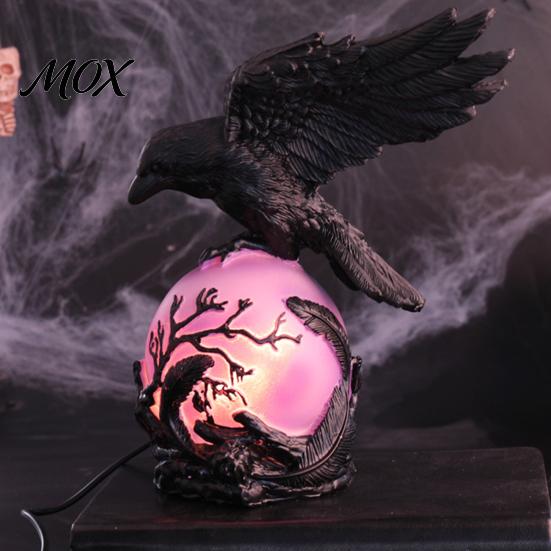 Gothic Halloween Crow Light Lamp, with Purple Ball, Resin Night Light, Desktop Atmosphere Lamp USB Powered Dark Style Statue for Bedroom Living