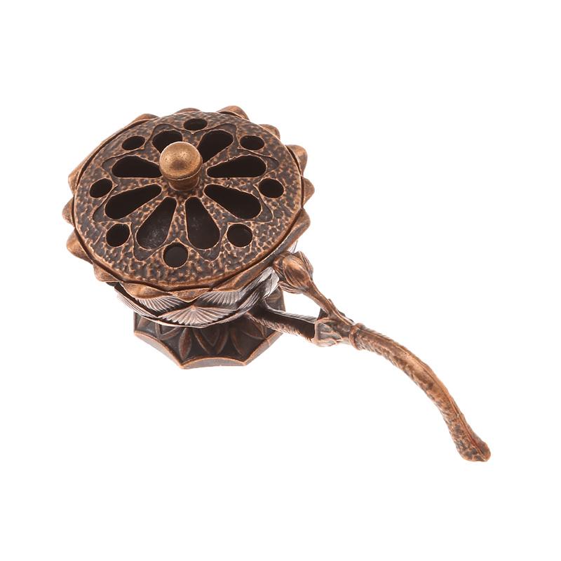 Lotus Flower Incense Burner With Handle Retro Copper Lotus Hollow Out Incense Stick Burner Brass Craft Home Decoration