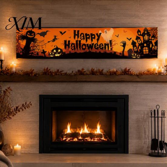 Decorative Scene Setup Large Happy Halloween Banner for Outside, 70 x 15 Inch Yard Sign Front Porch Decor Flag, Spooky Welcome Garden Fence Home Party
