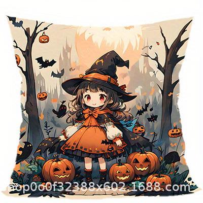 Home Decor Cute Witch And Pumpkins Halloween Pillow Cover Pattern Cushion Cover Suitable For Sofa Bedroom Car Pillow Cover