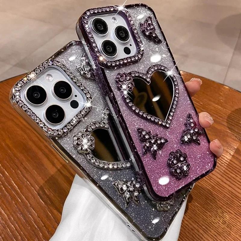 Чехол-зеркало в форме сердца для iPhone 16 Pro Max 15 Plus с покрытием 'Бабочка' для iPhone 14 Pro 13 12 11, чехол с блестками и бриллиантами