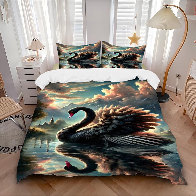 3pcs Black Swan Art Print Bedding Set - 1 Duvet Cover + 2 Pillowcases(Core Not Included), Machine Washable Polyester yy251216116