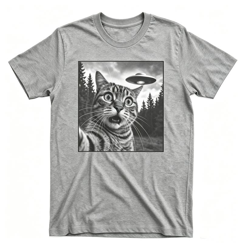 Funny Cat Bigfoot Skeleton Ufo Selfie T Shirt Vintage Short Sleeve Crewneck Graphic Tee Paranormal Cryptid Casual Cotton Tops