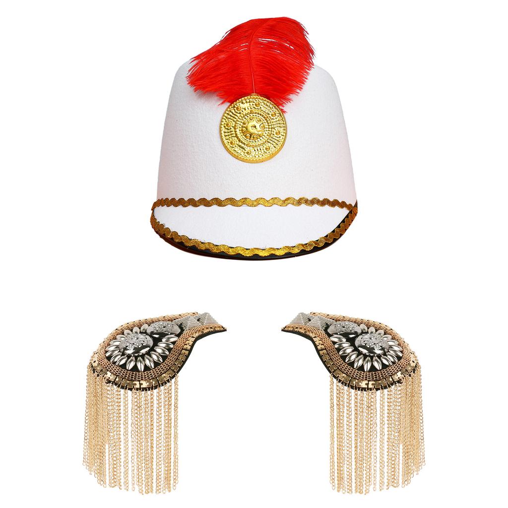 Kids Majorette Costume Accessory Set Vintage Hat with Tassel Epaulet Shoulder Boards for Halloween Cosplay