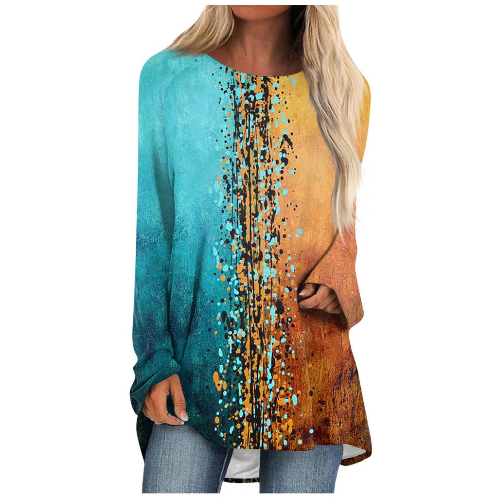 Женский модный повседневный топ с круглым вырезом и длинным рукавом средней длины с цветочным принтом