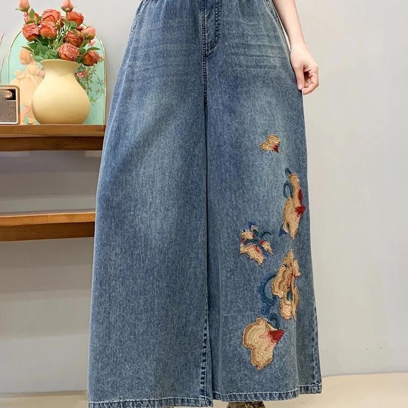 Летние хлопковые брюки женские больших размеров, свободные джинсовые брюки, универсальные повседневные джинсы с высокой посадкой и широкими штанинами