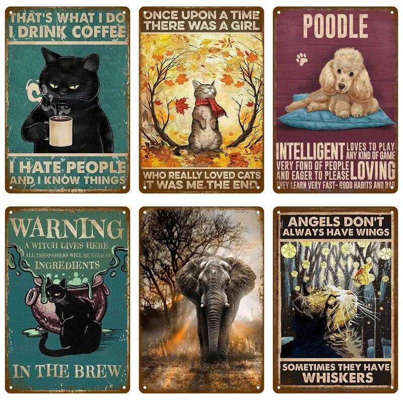 Металлический знак в стиле ретро, черный кот, постер, забавный оловянный знак с котом, винтажная табличка с изображением животного, домашний декор, настенное искусство, зоомагазин, садовая табличка для бара для собак