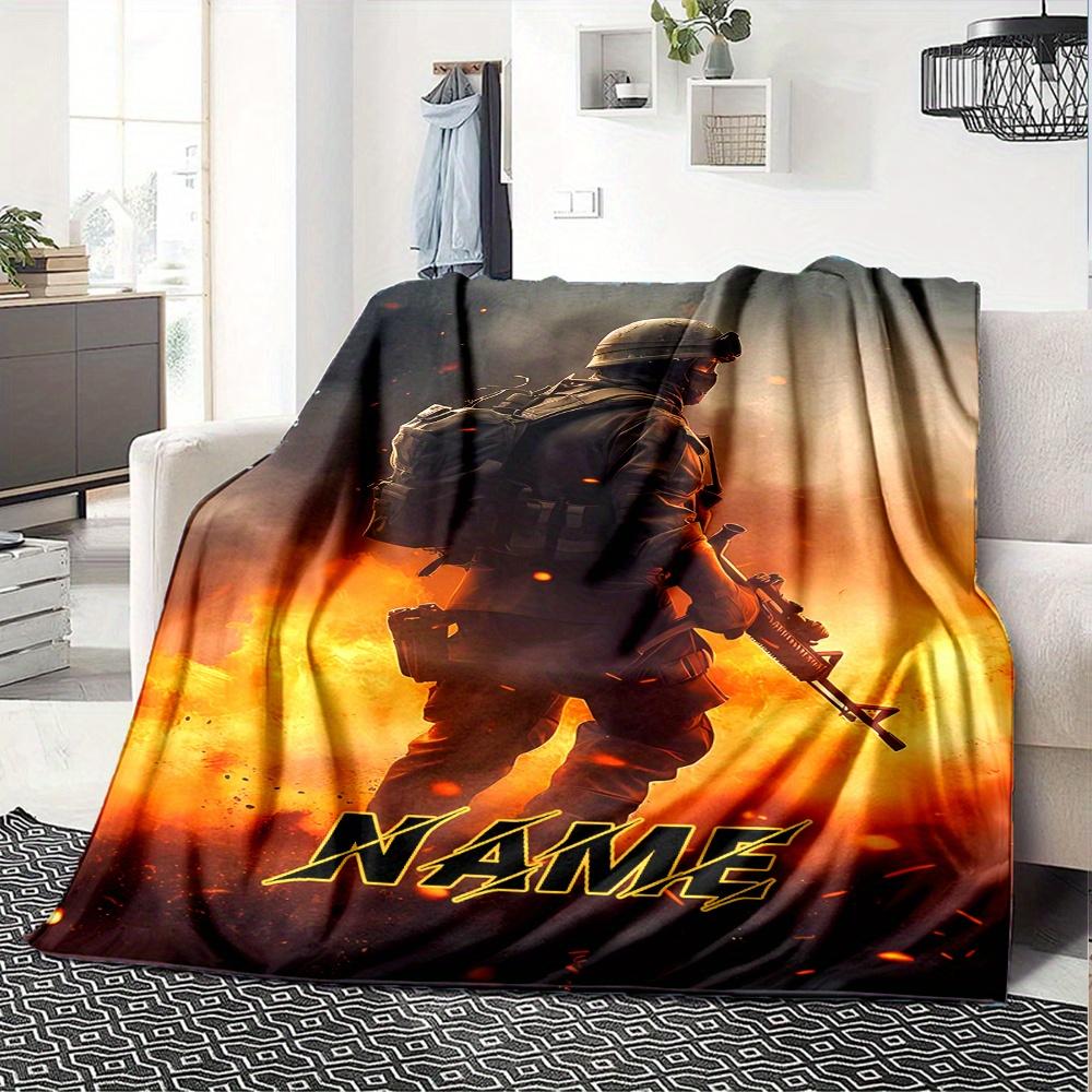 Soldier With Backpack And Gun In Flames Blanket With Customizable Name Four Seasons Comfortable Shawl Blanket Suitable For Home Travel Camping Office