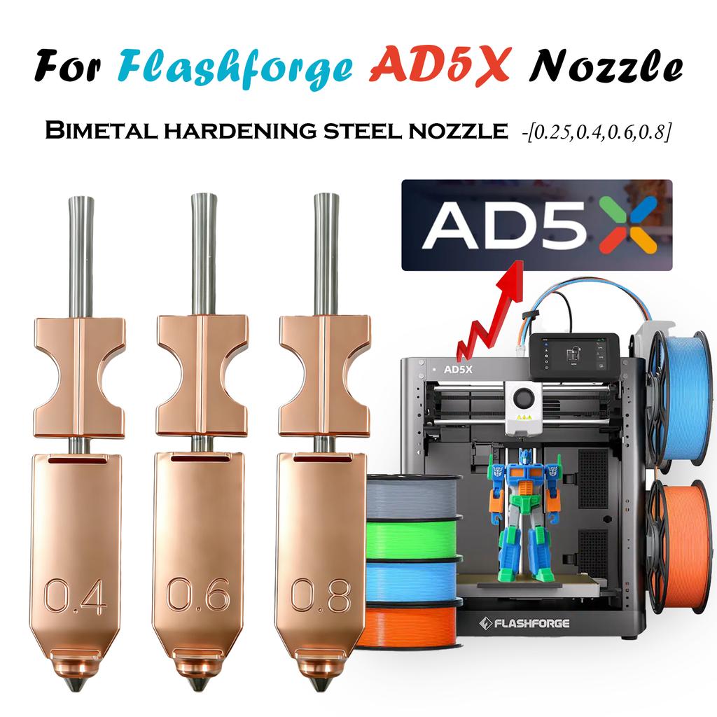 For Flashforge AD5X Bimetallic Hotend Nozzle 0.2-0.8mm Hardened Steel Kit AD 5x Bimatel Nozzles 3D Printer Upgrade Parts