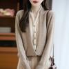Women's French V-Neck Wool Cardigan - Faux Two-Piece, Long Sleeve, Color Block, Autumn/Winter Collection