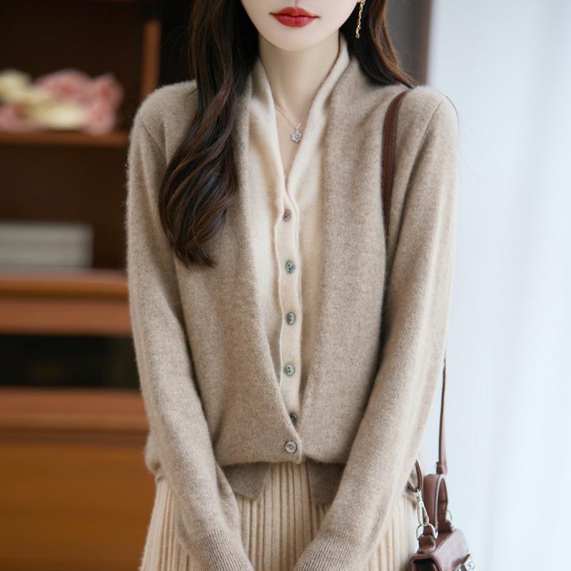 Women's French V-Neck Wool Cardigan - Faux Two-Piece, Long Sleeve, Color Block, Autumn/Winter Collection