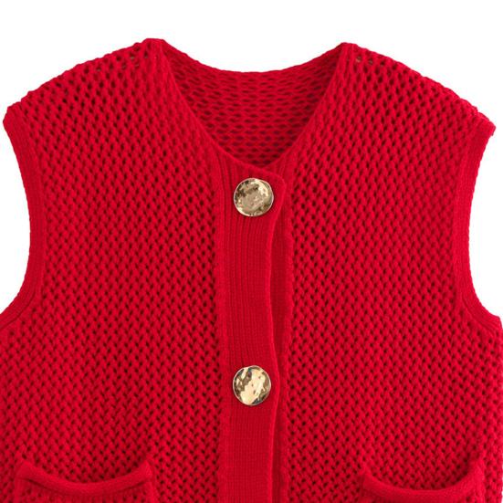 Женский вязаный жилет с V-образным вырезом, без рукавов, однобортный, с карманами, вязаный жилет, универсальный однотонный трикотаж