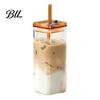 Borosilicate Glass Drinking Cups Square Cup with Lid And Straw, 350ml Capacity, Heat-Resistant Lids Straws Tumbler, Easy Cleaning Portable Glassware