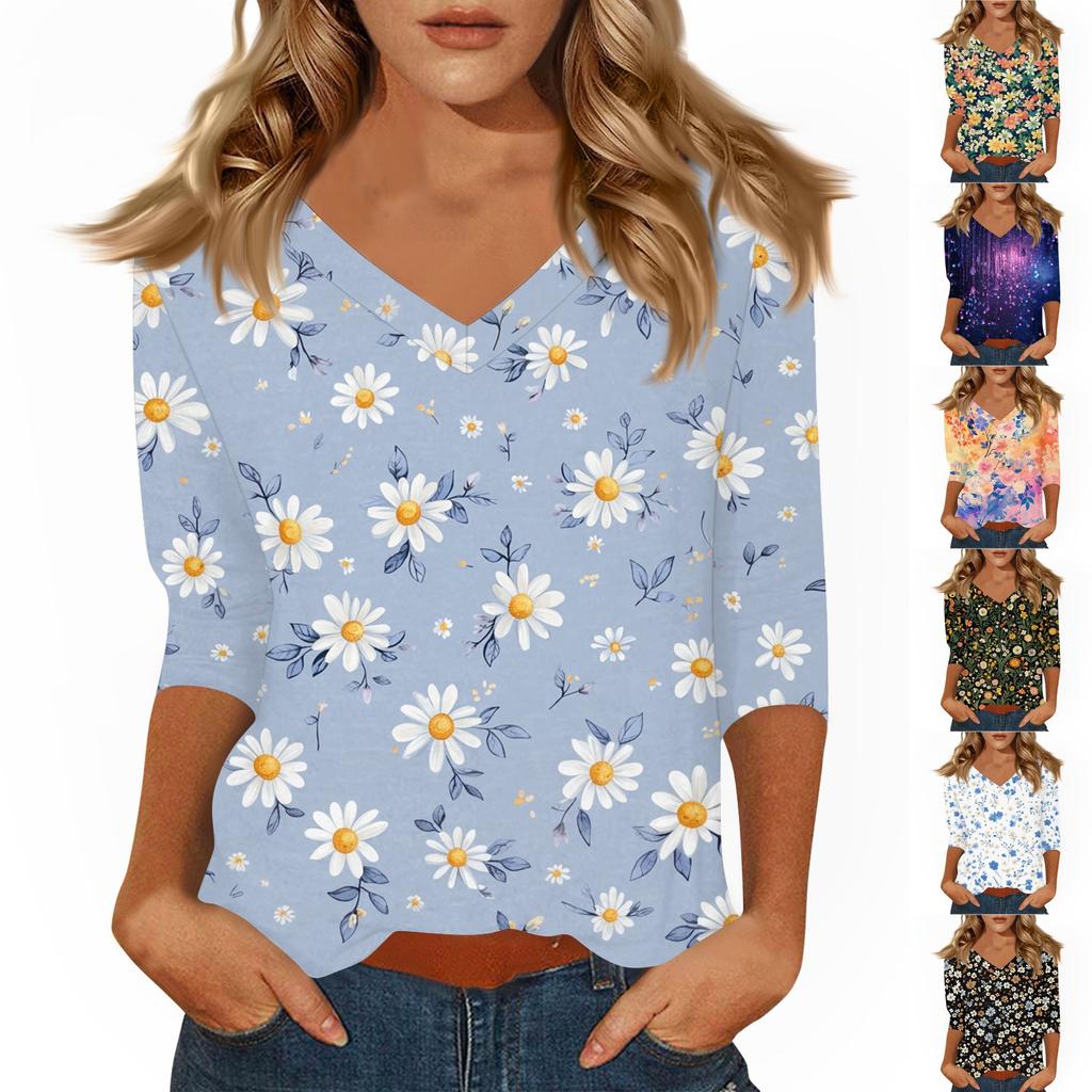 Women's Tops Three-quarter Sleeve Shirt V-neck Loose Casual Shirt Print T-shirt