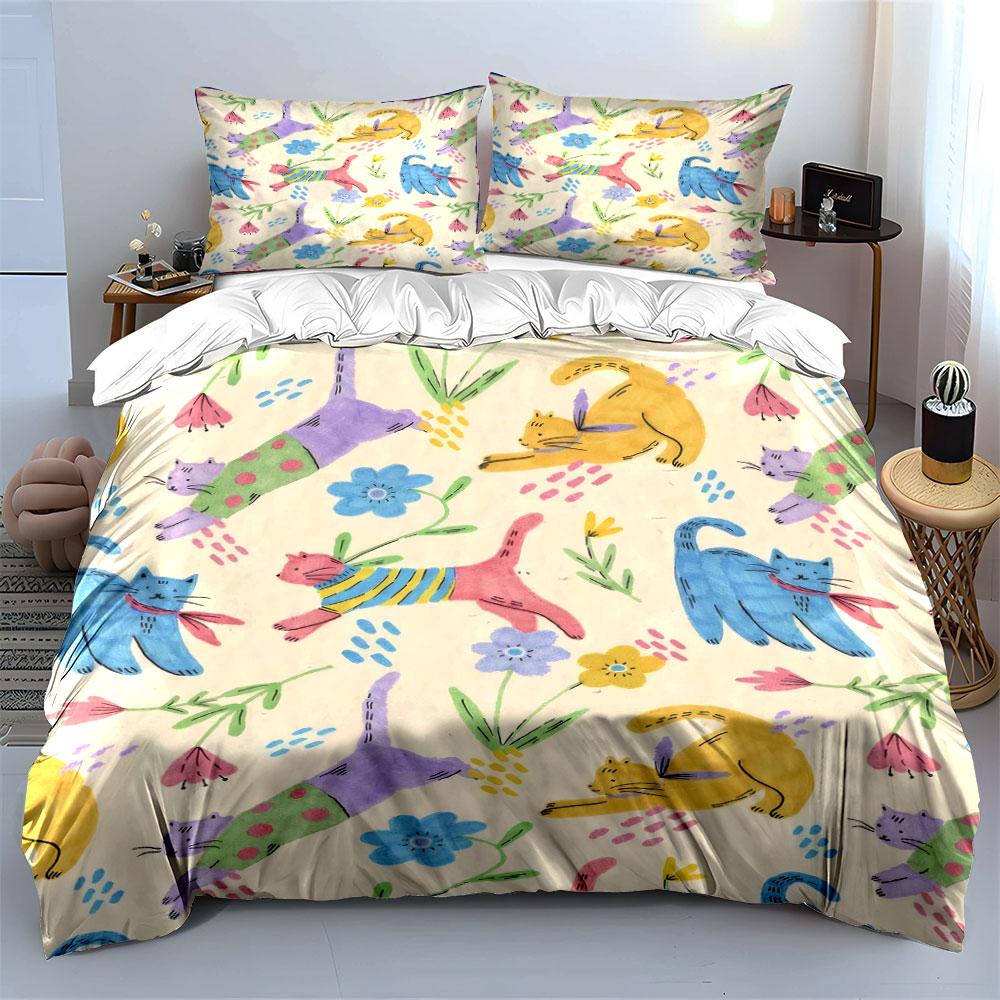 Colorful Cats and Floral Bedding Set Bedding Set with 1 Duvet Cover 2 Pillowcases Single Double King Queen, Gift