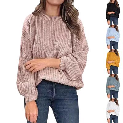 Однотонный круглый вырез с рукавами-трубами, свободный женский вязаный свитер большого размера
