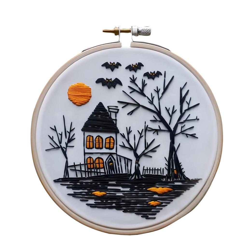 Floral Witch Hat Embroidery Kit Halloween Cross Material Set With Flower Pumpkin Patterns, DIY Hand Needlepoint Embroidery Craft Kit For Beginn