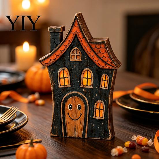 Decorative Wood Souvenirs Halloween Haunted House/Cute Ghost Wooden Table Ornaments, Rustic Farmhouse Tiered Tray Vintage Distressed Crafts