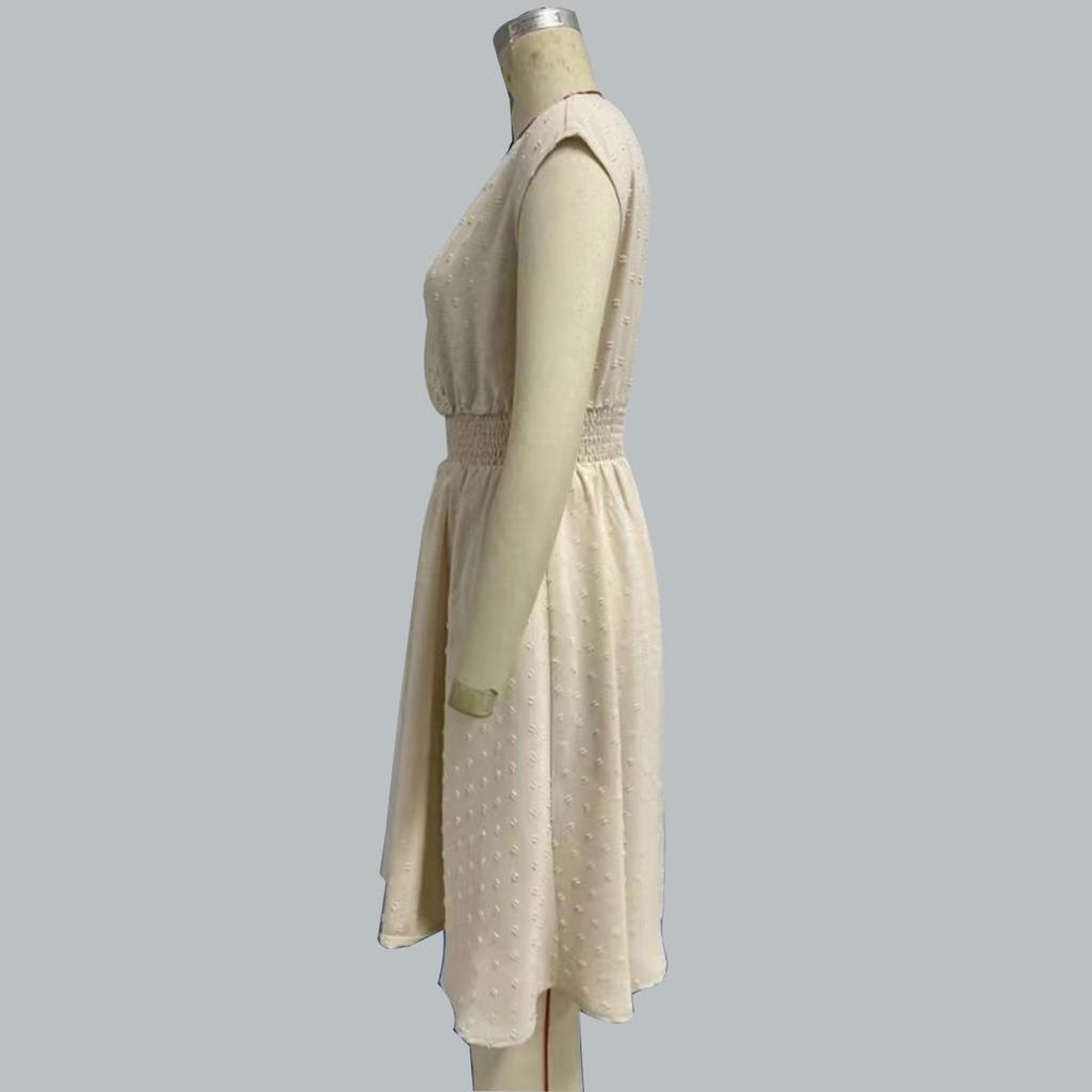 Spring Summer Women Seaside Vacation Slim Fit Sleeveless Dresses High Waist A-Line Lace Hollowed Out V-Neck Dress S-XL