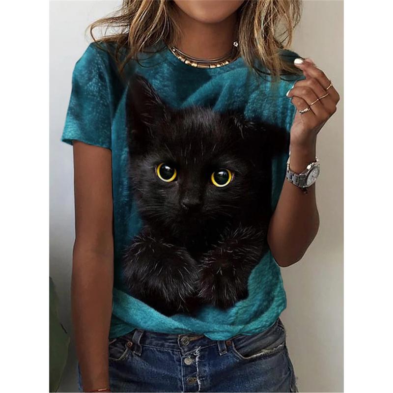 Милая футболка с рисунком собаки и кошки для женщин Футболки с 3D-принтом в виде животных Летние свободные футболки с короткими рукавами и круглым вырезом Топы в уличном стиле
