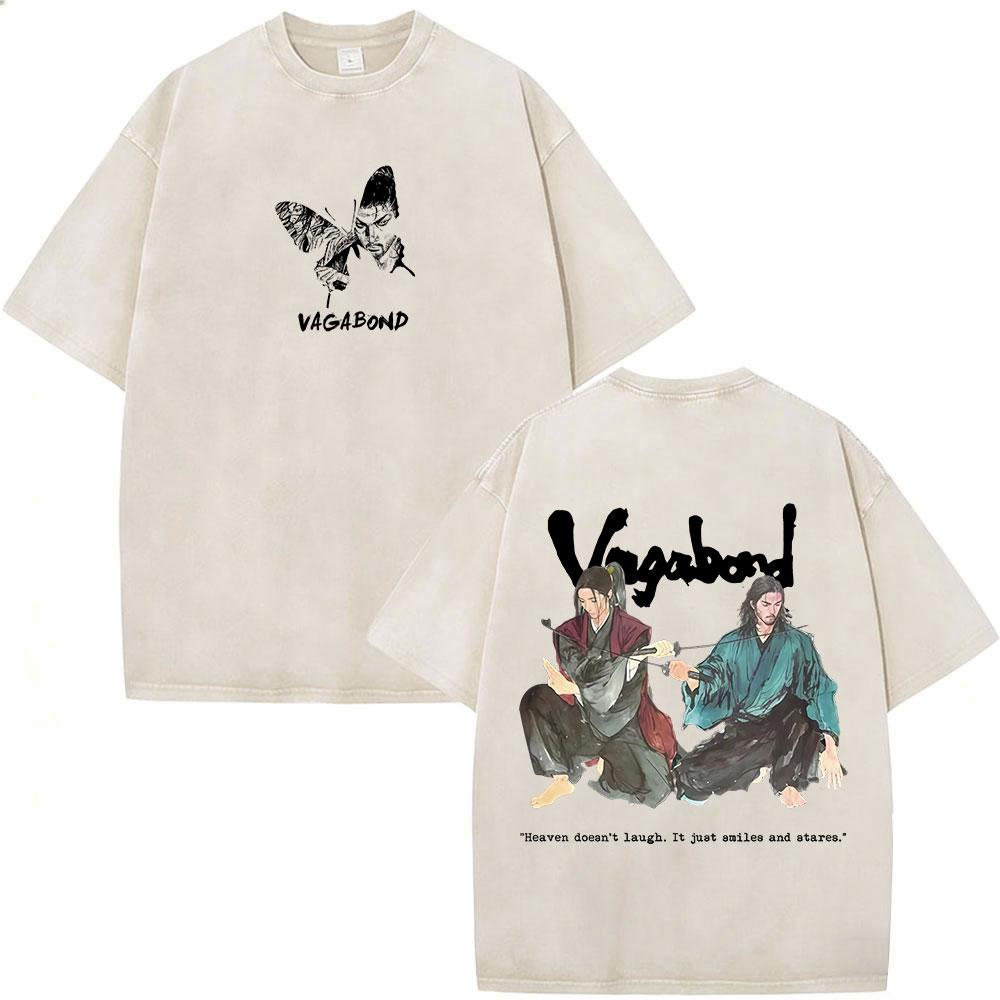 Vintage Washed Anime Vagabond Miyamoto Musashi Manga Tshirts Men Women Clothing Casual Cotton Short Sleeve Oversized T Shirts