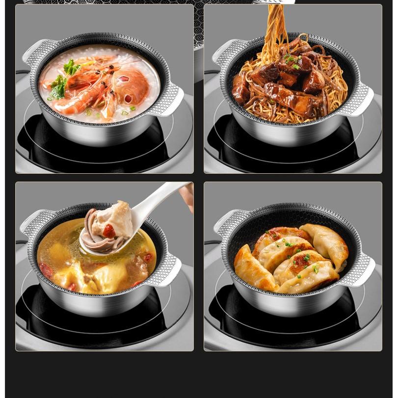 Трехслойная кастрюля/миска с антипригарным покрытием, совместимая с индукционными, газовыми плитами и плитами с открытым пламенем, изготовлена из нержавеющей стали 316 с сотовой текстурой.