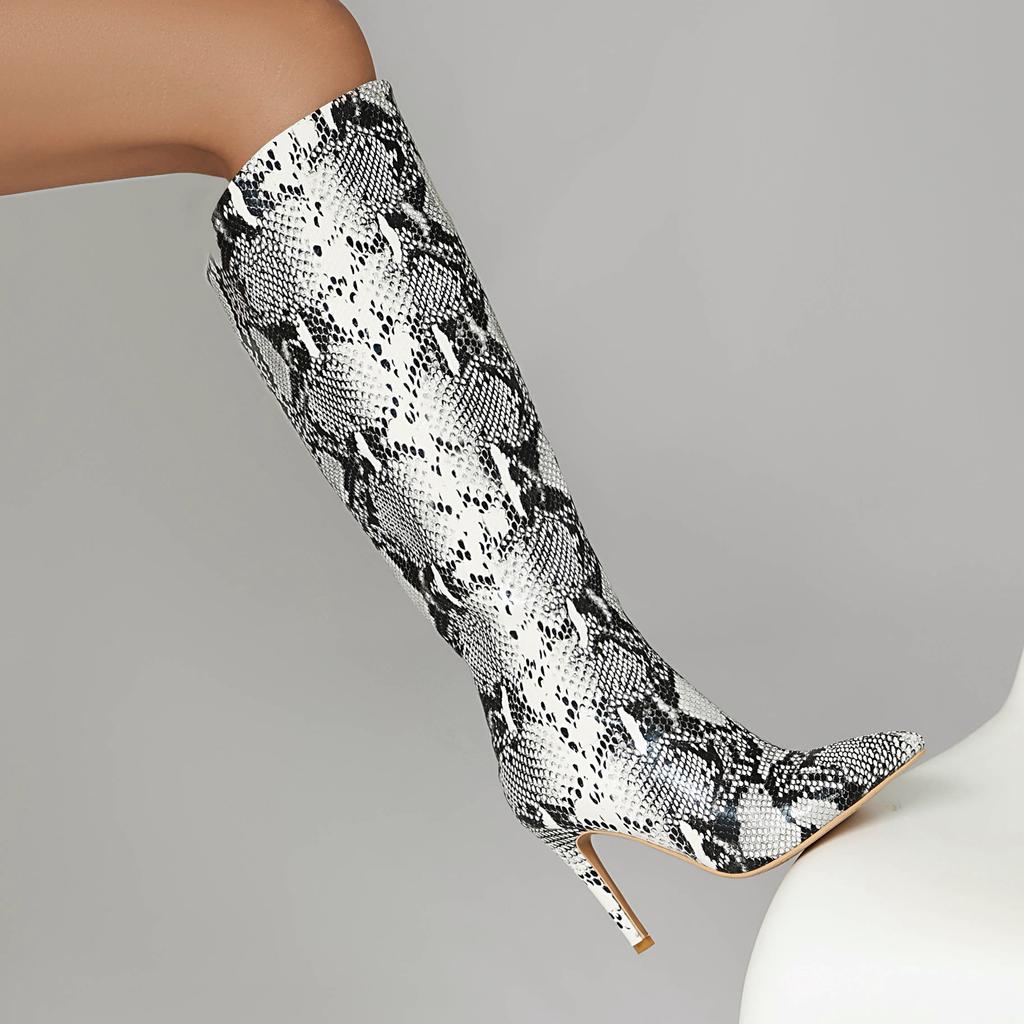 Snakeskin Tall Boots Women's Stiletto Knee High Boots 2024 Autumn Winter Thin High Heels Shoes Sexy Pointed Toe Footwear