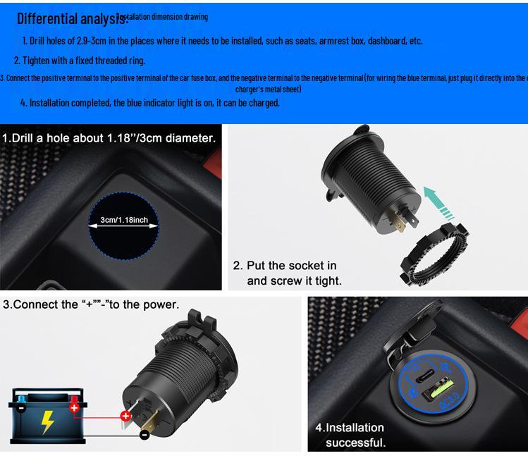 Двухпортовое быстрое USB-зарядное устройство QC+PD для автомобиля и мотоцикла