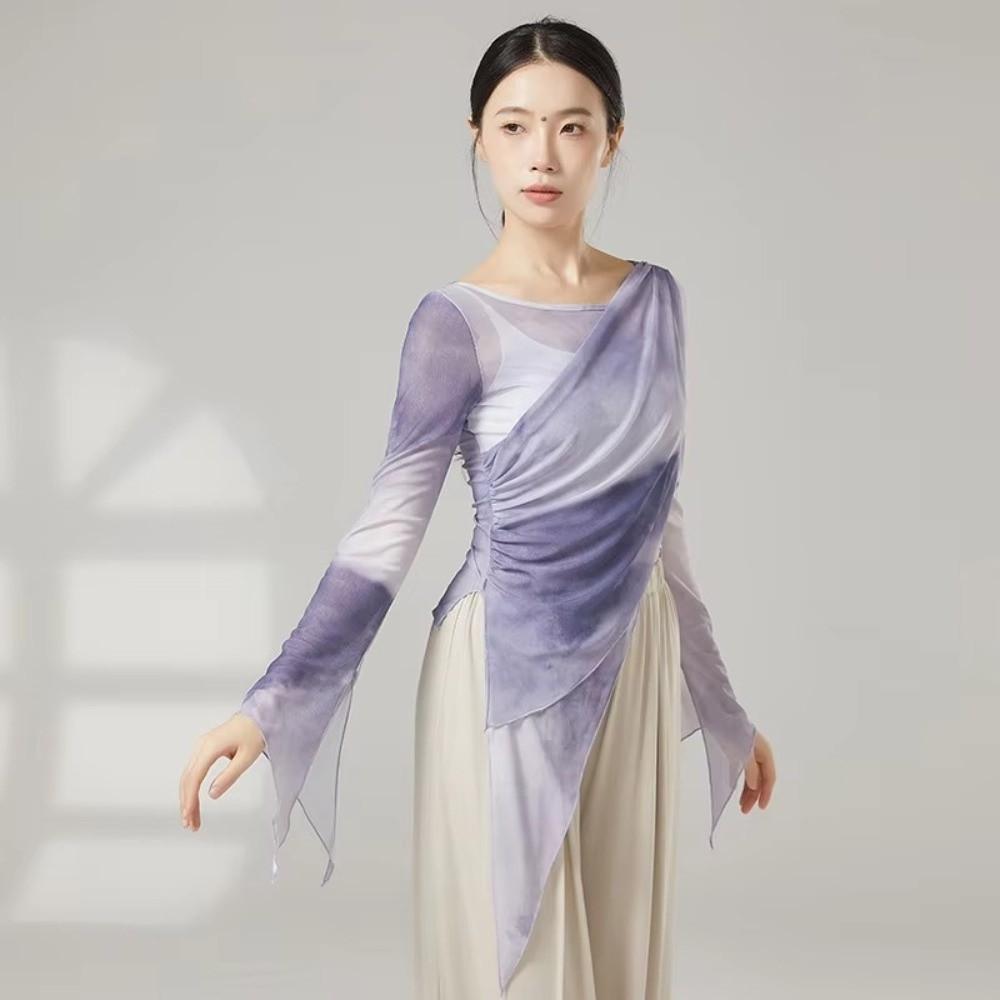 Long Slit Classical Dance Mesh Top Prints Chinese Hanfu Women Dance Wear
