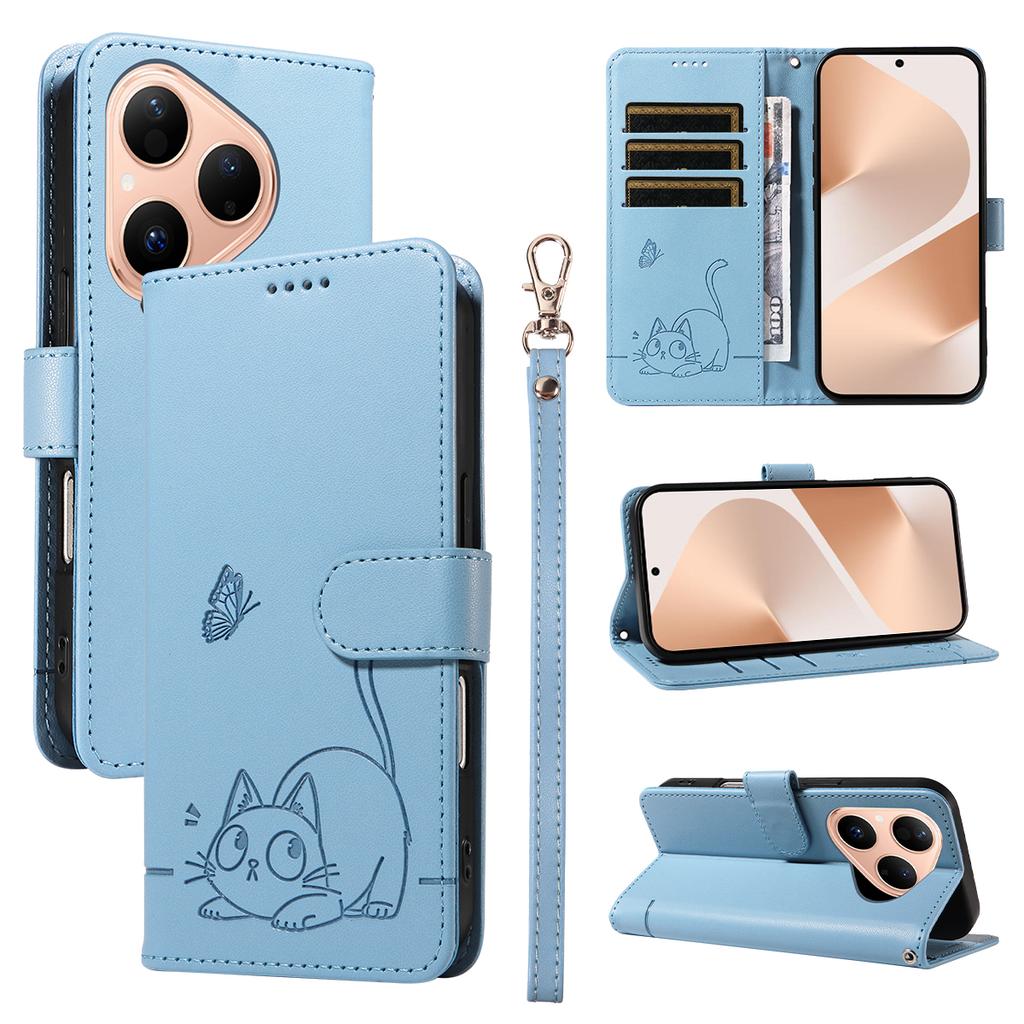 For Huawei Pura 80 Case Cat Pattern Imprint Leather Phone Cover with Wrist Strap
