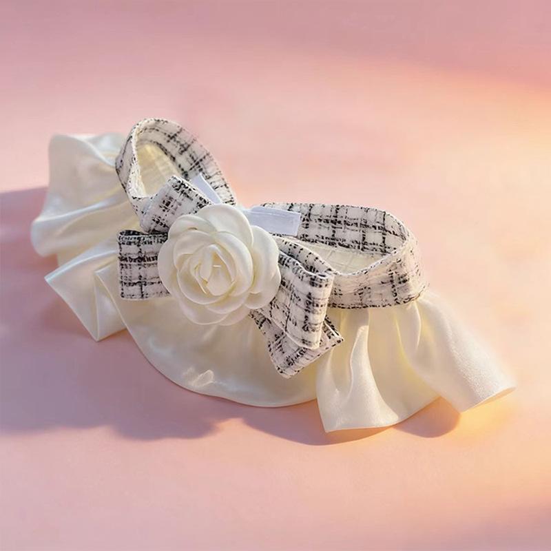 Elegant Rose Flower Ruffled Pet Collar Adjustable Plaid Fabric Neck Decoration For Kitten Small Cats Small Dogs Photo Costume