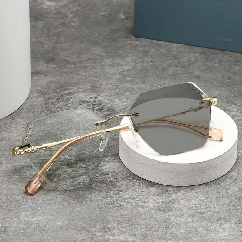 Женские очки для близорукости с бриллиантовой огранкой, меняющие цвет, роскошные безободковые квадратные очки для близи, готовые фотохромные солнцезащитные очки