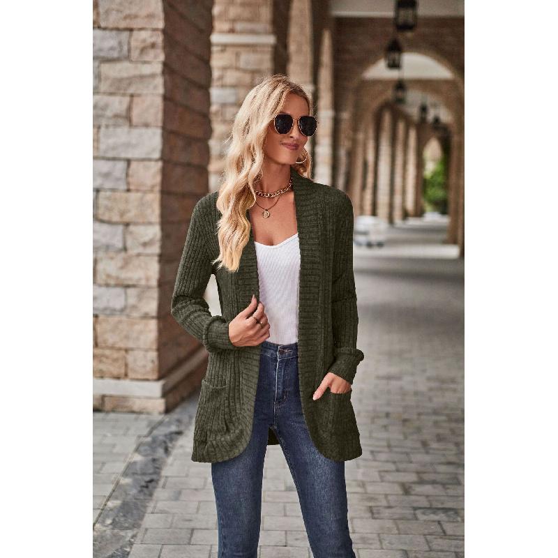 2026 Autumn New Women's Solid Color Ribbed Brushed Casual Long-Sleeve Cardigan Jacket