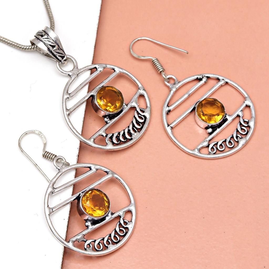 Citrine Set Jewelry Women Pendant Earring Gemstone Earrings Gems Green