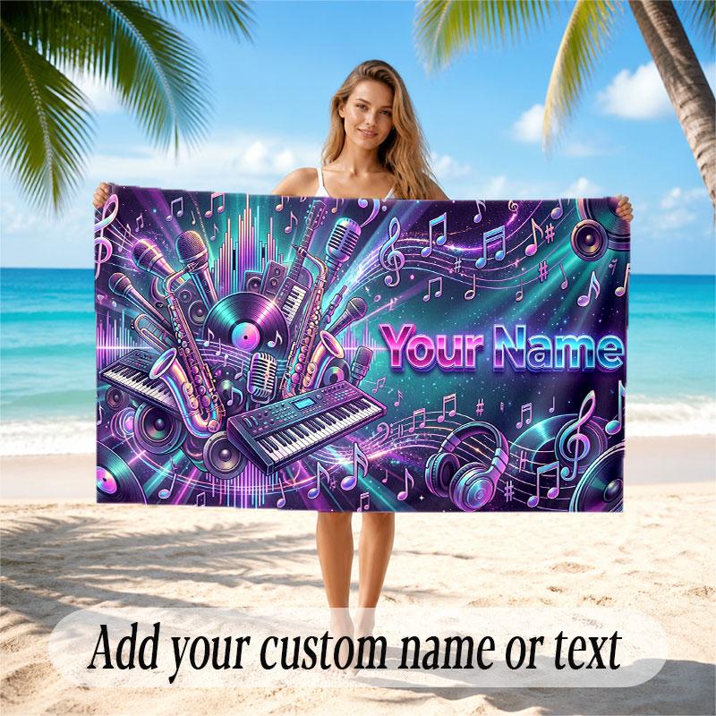 Music General Theme Beach Towel Personalized Custom Name & Text Soft Quick Dry Beach Towel for Swimming Travel